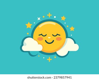 Blue sky with smiley sun and clouds in cartoon style