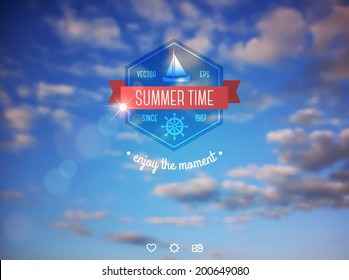 Blue sky with smooth clouds. Vector background. Summer time label with ribbon and icons. 