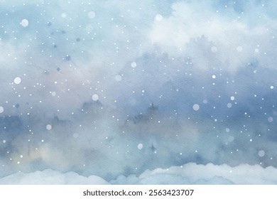 A blue sky with snow falling on it. The sky is filled with snowflakes, creating a serene and peaceful atmosphere. The snowflakes are falling gently, covering the ground