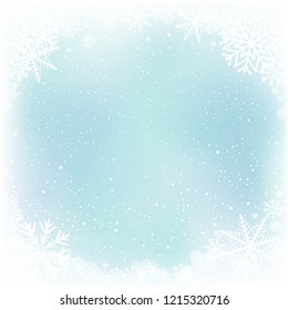 Blue sky and snow winter frame background. Frosty close-up wintry snowflakes. Ice shape pattern template. Christmas holiday decoration backdrop