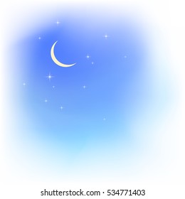 Blue sky in soft clouds with moon and stars. Fair weather. Evening sky. Blured clouds and sky vector background