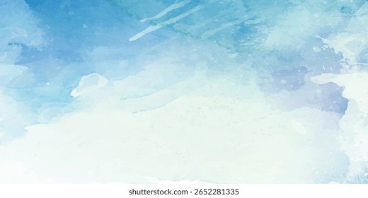 Céu azul com nuvens brancas suaves e textura suave de lavagem de aquarela abstrata para design artístico criativo. Céu azul claro com nuvens brancas fofas e textura aquarela pintada à mão abstrata