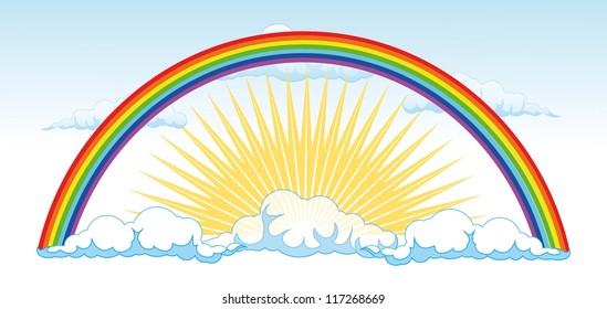 blue sky with some light clouds. in the center of the sun is shining rays of which relate to seven colors of the rainbow - the arc. after the rain - vector illustration