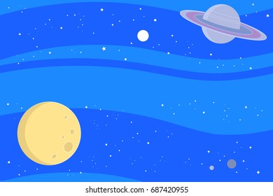 Blue sky space woth moon, saturn and stars. Vector illustration background