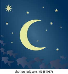 Blue sky with stars, big bright moon. Fantasy clouds in the form of a fabulous fish. Vector illustration suitable for illustrating the mysterious, mystical nights, unusual and enigmatic stories, etc.
