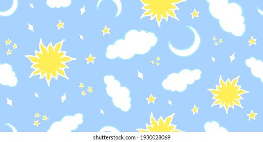 Blue sky with stars, clouds and sun, vector in children's style. Decorative pattern for the nursery. Cartoon night and day sky ornament.