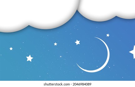 Cielo azul con estrellas, luna y nubes ilustraciones vectoriales, fondo sencillo, moderno y decorativo 