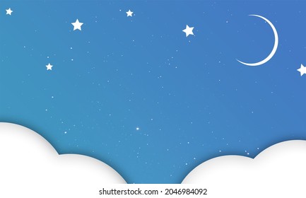 Blue sky with stars, moon and clouds vector illustration, simple modern and decorative background 