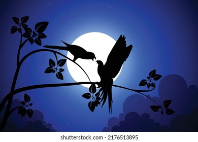 Blue sky with stars,moon,tree and two birds. Colorful illustration for you.