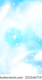 Blue sky story background with white flash lights. Lens camera effect. Stock vector illustration in realistic anime style. Can be used as wallpaper.