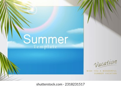 Blue sky summer poster on white wall surround by tropical leaves decor with bokeh effect lens flare on top.