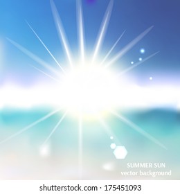 Blue sky with summer sun burst. Vector illustration.