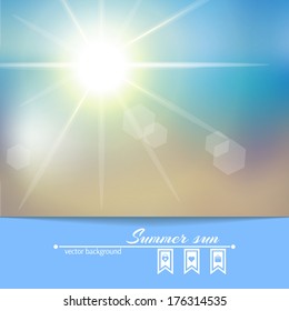 Blue sky with summer sun burst. With place for your text. Vector illustration.