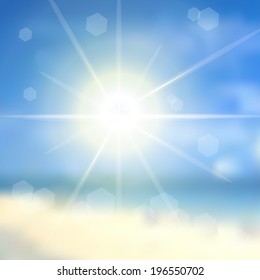 Blue sky with summer sun burst. Vector illustration.