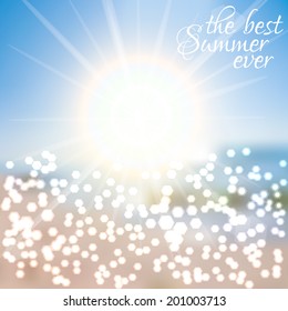 Blue sky with summer sun burst. Vector illustration.