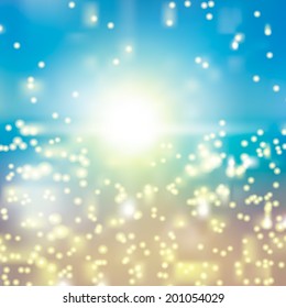 Blue sky with summer sun burst. Vector illustration.
