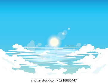 Blue sky, summer sun and clouds. Nature background. Vector illustration.