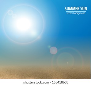 Blue sky with summer sun. Vector illustration.