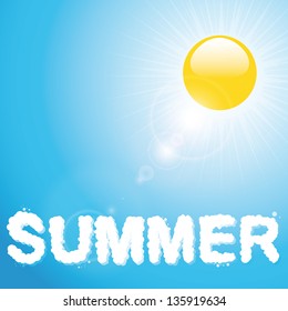 Blue Sky with 'Summer' text made of Clouds against a Sun Background