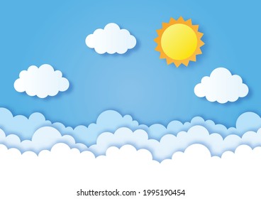 blue sky with sun background. paper art style. vector Illustration.