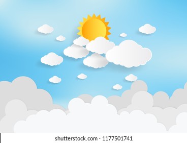 Blue Sky And Sun With Clouds Background. Paper Art Style. Vector Illustration