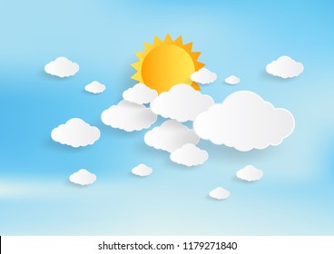 Blue Sky And Sun With Clouds Background. Paper Art Style. Vector Illustration