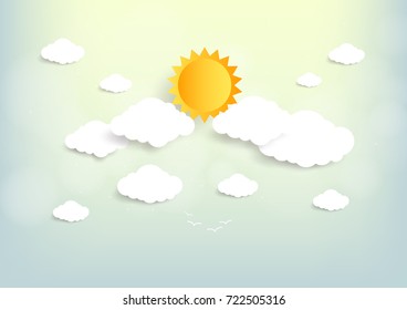 Blue sky and sun with clouds background. Paper art style. Vector illustration