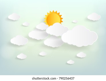 Blue sky and sun with clouds background. Paper art style. Vector illustration
