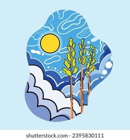 Blue sky with sun, clouds, and trees natural themed design. Abstract vector illustration full colored isolated on square blue background. Simple flat cartoon art styled drawing.