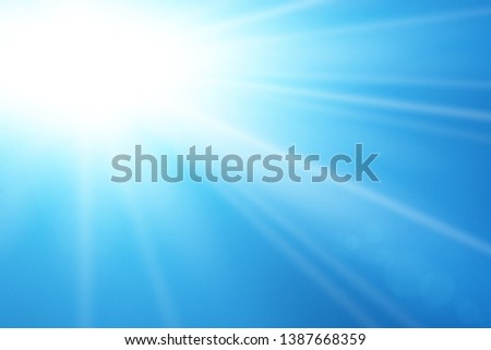 Blue sky sun flare background. Clear summer nature, sunlight weather. Sunshine glare rays, lens. Light sunny spring season. White glow sunrise, sky heaven. Bright sparkle burst Vector illustration