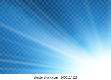 Blue sky sun flare, transparent background. Clear summer nature, sunlight weather. Sunshine glare rays, lens. Light sunny spring season. White sunrise, sky heaven. Bright burst Vector illustration