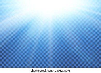 Blue sky sun flare, transparent background. Clear summer nature, sunlight weather. Sunshine glare rays, lens. Light sunny spring season. White sunrise, sky heaven. Bright burst Vector illustration