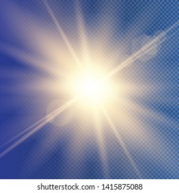 Blue sky sun flare, transparent background. Clear summer nature, sunlight weather. Sunshine glare rays, lens. Light sunny spring season. White sunrise, sky heaven. Bright burst Vector illustration