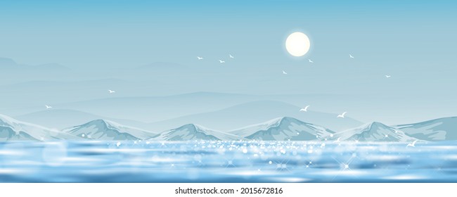 Blue sky and Sun, Horizon natural Sky scape, Blue ocean, mountain and clear sky with bokeh reflection on sea in morning,Vector Landscape banner for Spring and summer seasonal holiday background