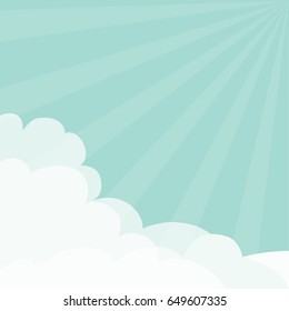 Blue sky. Sun light rays burst. Sunshine Fluffy Cloud in corners frame template. Cloudshape. Cloudy weather. Flat design. Background. Isolated Vector illustration
