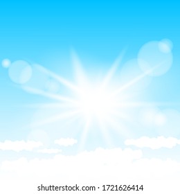 Blue sky and sun lights mockup. Blue cartoon sky with clouds and sun lights. Sunshine cloud template. Realistic sunny effect