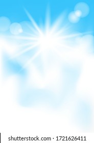 Blue sky and sun lights vertical mockup. Blue cartoon sky with clouds and sun lights. Sunshine cloud template. Realistic sunny effect