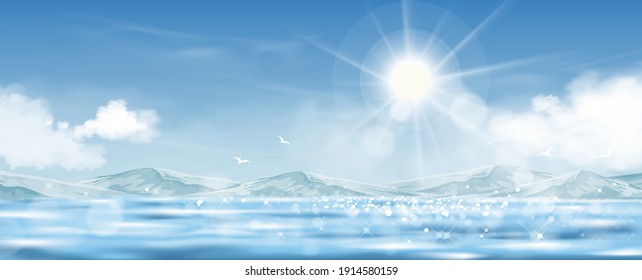 Blue sky with Sun rays shining on the sea,Horizon natural of Blue ocean, mountain and fluffy cloud with bright light in morning, 3D Vector Landscape banner for Spring and summer seasonal holiday