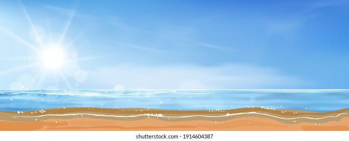 Blue sky with Sun rays shining on the sea,Vector Horizon natural of Blue ocean, Sky and fluffy clouds with bright in morning.Landscape banner holiday for spring and summer seasonal background