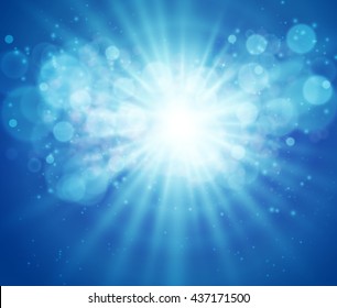 Blue sky and sun. Realistic Blur Design With Burst and Rays. Abstract Shining Background. Vector illustration