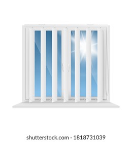 Blue sky and sun seen through window blinds with half open vertical stripes - realistic isolated home windows semi covered with striped jalousie curtain. Vector illustration.