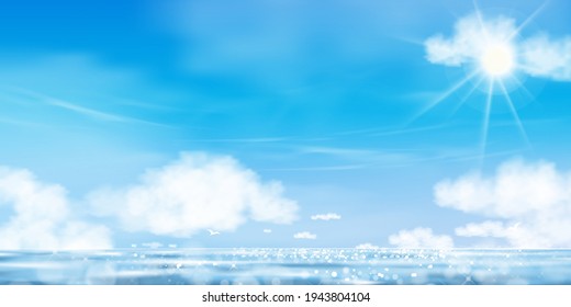 Blue sky with Sun shining on the sea,Vector Horizon Natural of Blue Ocean with Sky and Fluffy clouds bright light in morning.Concept for spring and summer seasonal 