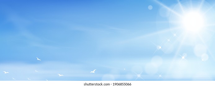 Blue sky with Sun shining,bird flying on altostratus clouds,Vector Cartoon sky with fluffy cirrus cloud, Concept of seasonal horizon banner in sunny day on spring and summer in the morning