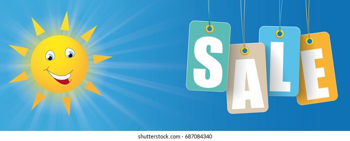 Blue sky with sun smiley and colored price stickers with text Sale. Eps 10 vector file.
