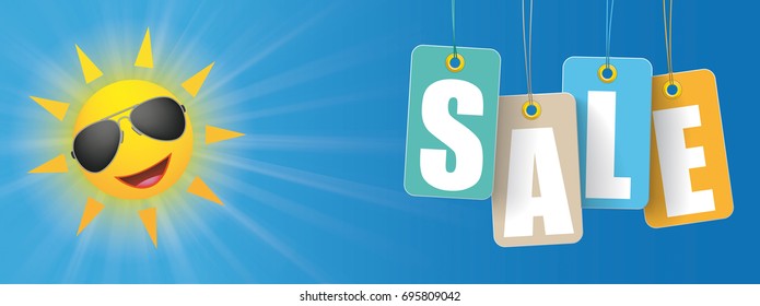 Blue sky with sun smiley and colored price stickers with text Sale. Eps 10 vector file.