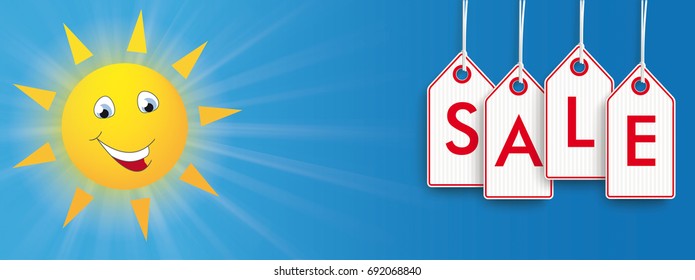 Blue sky with sun smiley and price stickers with text Sale. Eps 10 vector file.