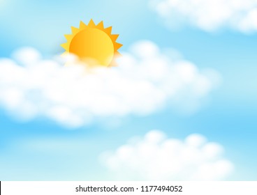 Blue sky with sun and white clouds. Vector illustration