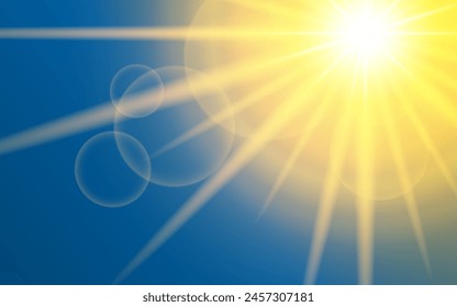 Blue Sky With Sunlight Summer Solstice Concept Banner Background. Flare Shine Vector Illustration.