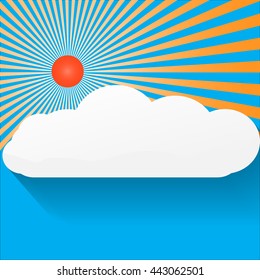 Blue Sky and Sunshine Background Big bright sunburst in left top corner, large copy space on bottom side with soft fluffy clouds. Vector illustration. EPS10