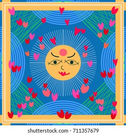 Blue sky and sunshine. Squared silk scarf with sun face and hearts. Vector pattern with Indian motifs. Ethnic textile collection.
